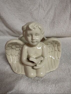 Cream Ceramic Angel Planter Figurine with Book